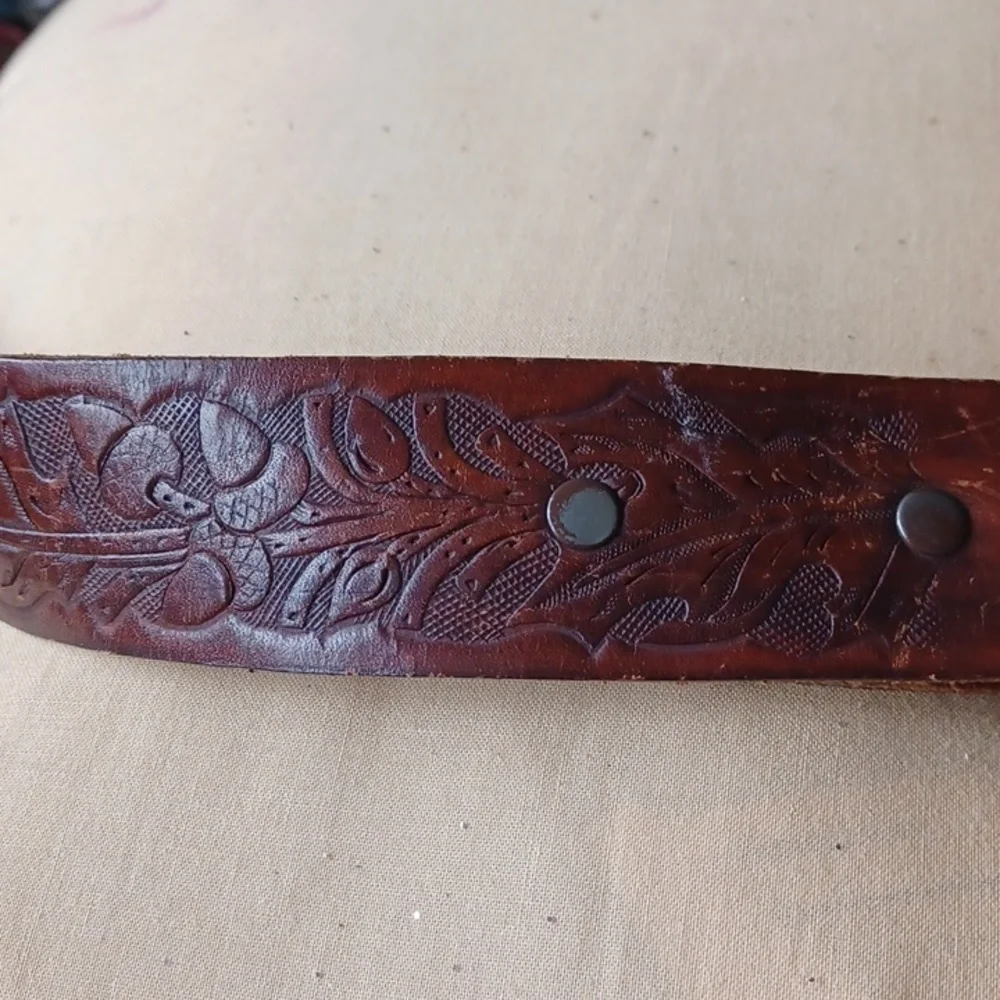 Bergamot Brass Belt Buckle 1983, Running Buck, with hand tooled leather belt, 34